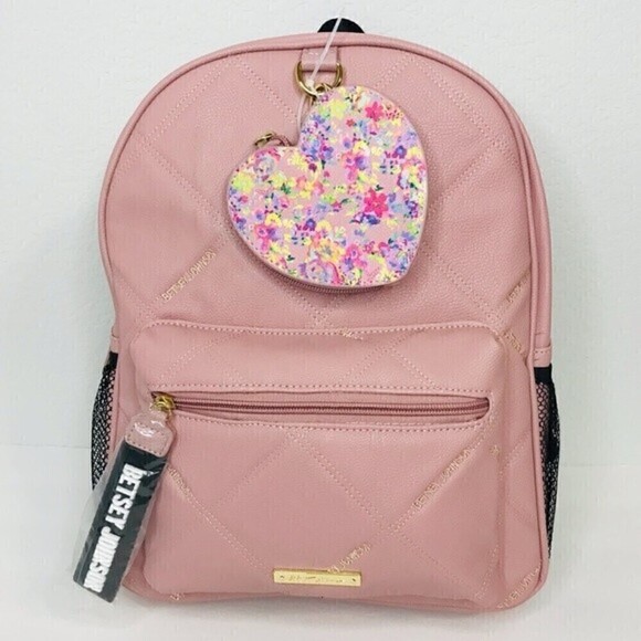 New! Betsey Johnson Quilted Faux Leather Pink Heart Coin Pouch Book Bag Backpack - Picture 5 of 16